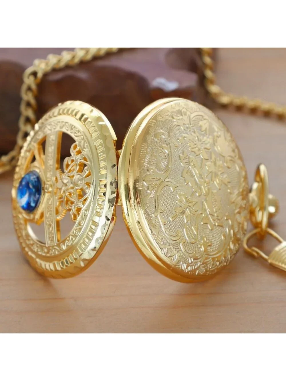Men's All Gold Analog Quartz Arabic Numeral Moon Phase Chain Dial Pocket Watch